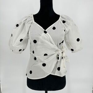 Worthington White Black‎ Polka Dot Bow Wrap Balloon Sleeve Blouse Top Chic Small